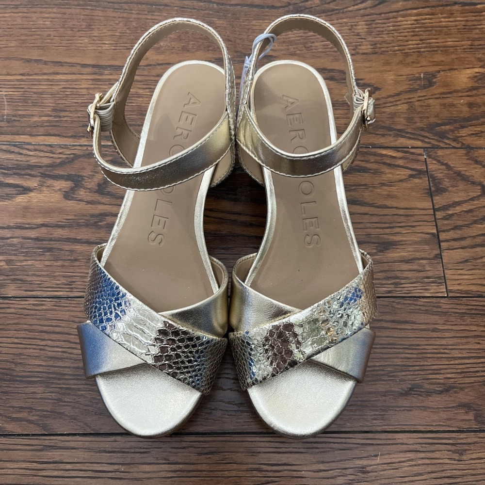 Aerosoles Cosmos Gold Soft Leather Platform Heels Women's 7.5 Metallic Snake - Picture 2 of 7